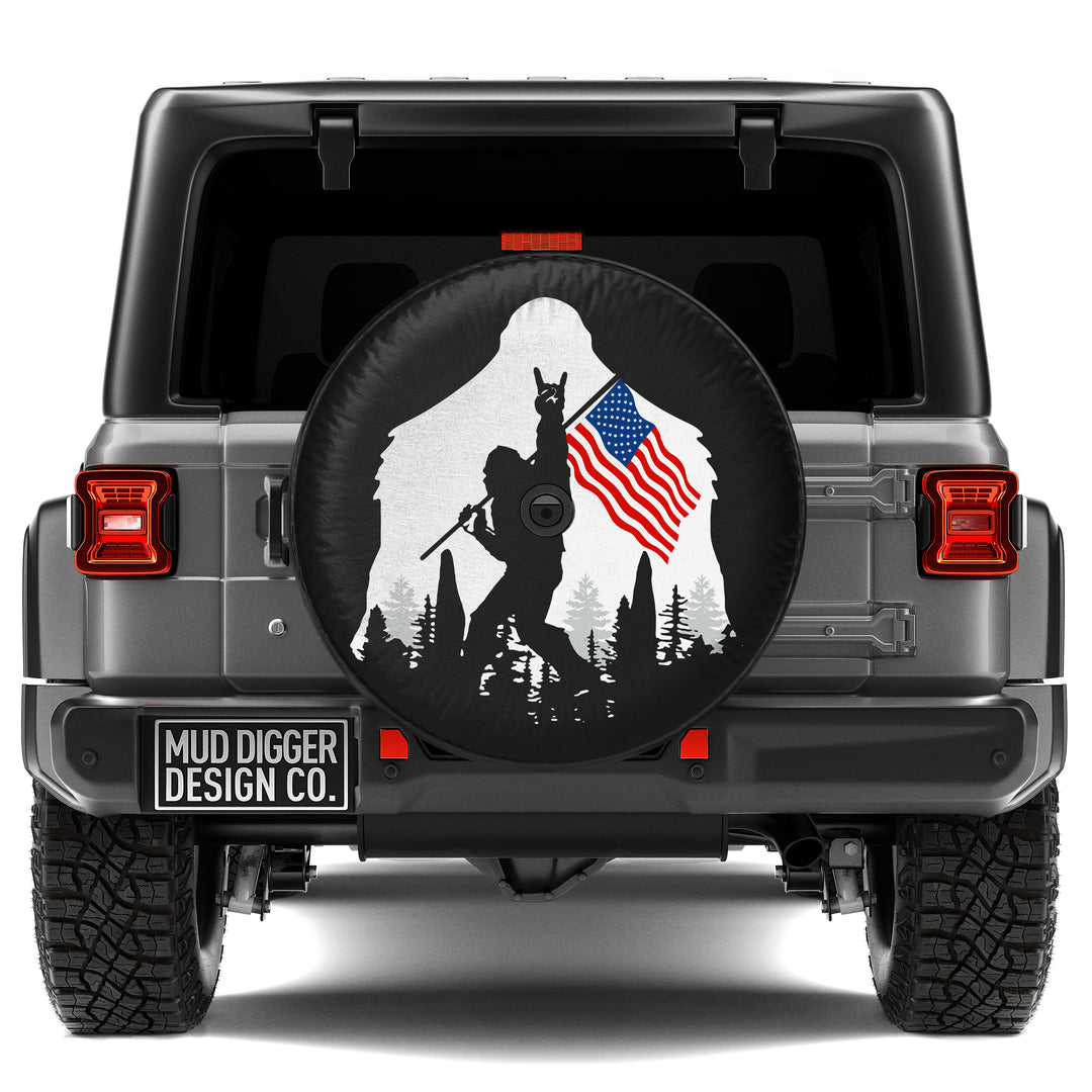 Jeep Wrangler Spare Tire Cover with Backup Camera Hole – durable, weatherproof, and custom-fit for the Jeep. Jeep Sasquatch Tire Cover, Bigfoot tire cover.