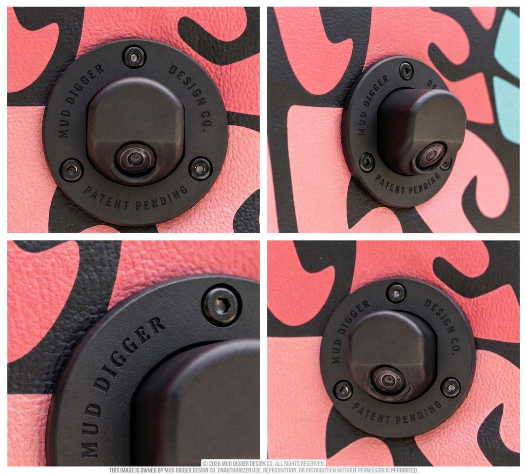 A four-panel close-up collage of a circular black metal component labeled 'MUD DIGGER DESIGN CO' and 'PATENT PENDING,' shown against a pink and black abstract patterned background.