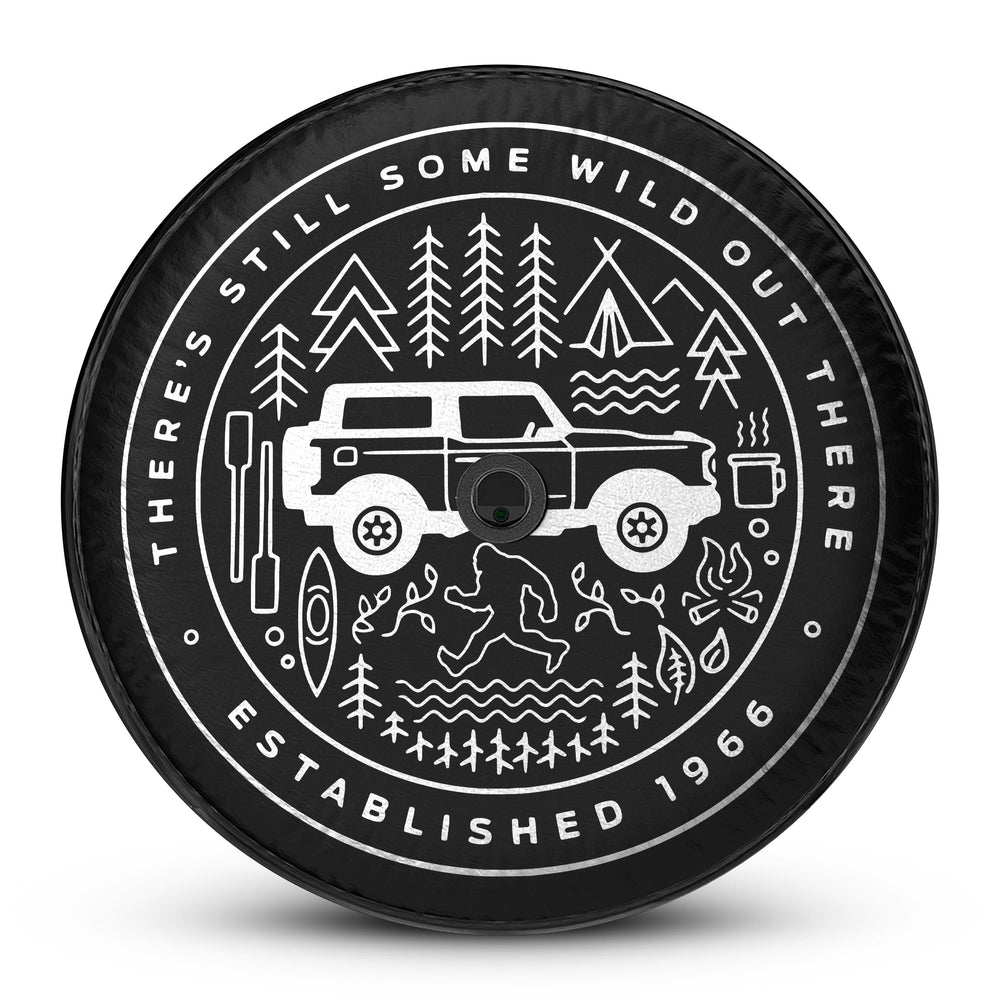 Wild Doodle Ford Bronco spare tire cover with a backup camera port