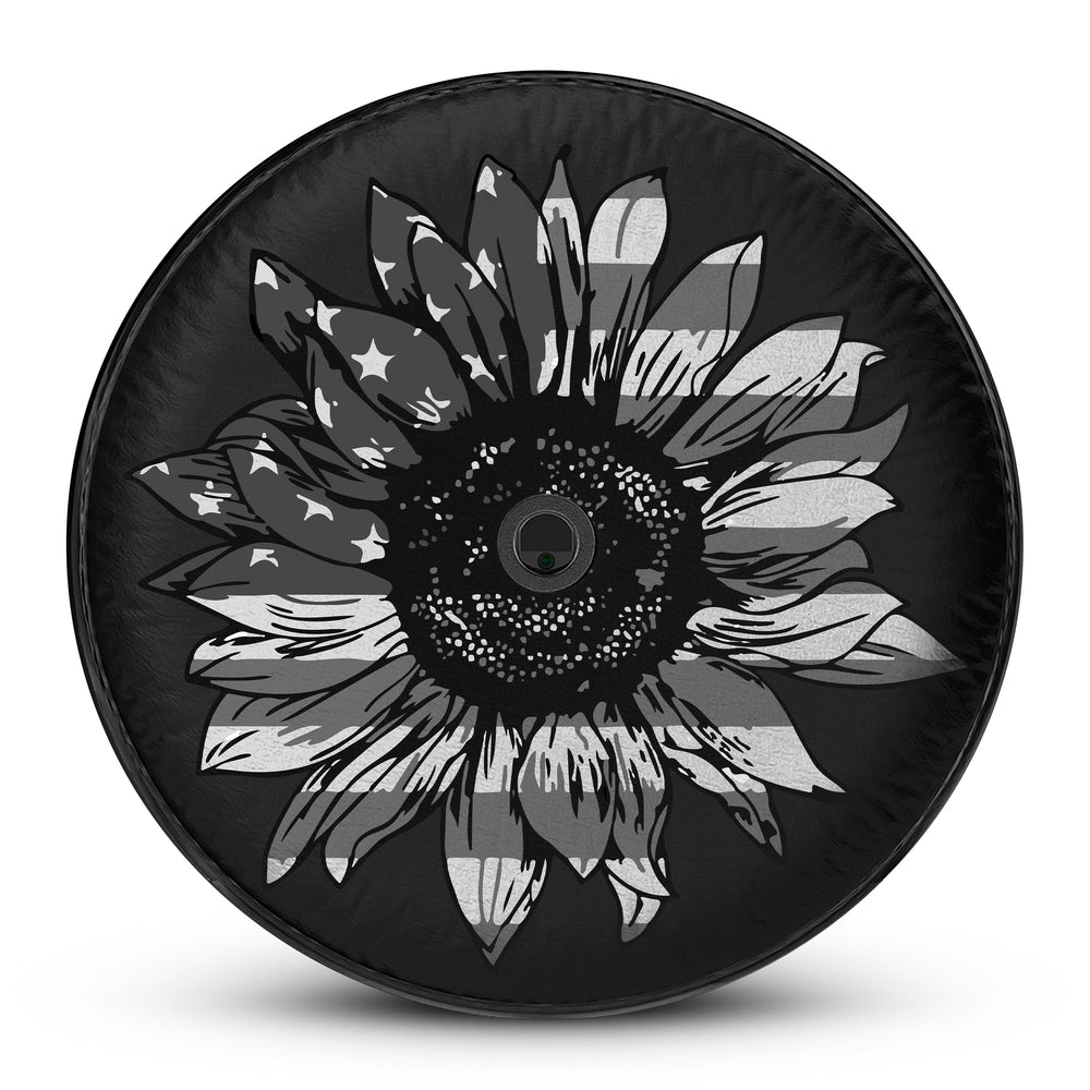 Sunflower Flag Tire Cover – Custom-fit, weatherproof spare tire cover with a patriotic sunflower design. Fits Ford Bronco and Jeep Wrangler. Durable, UV-resistant material.